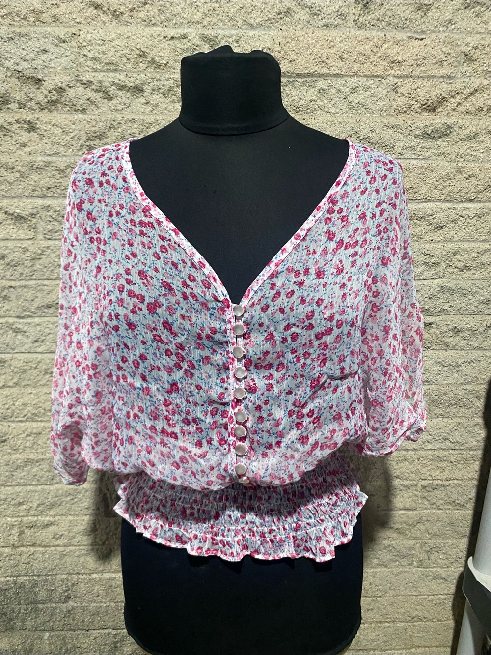 Floral Pink V-Neck Button-Front Blouse with Smocked Hem